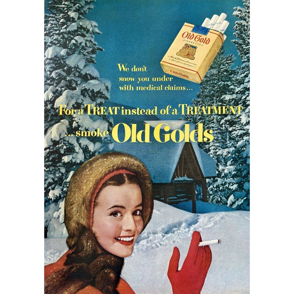 1951 Old Gold Cigarettes Vintage Print Ad Winter Snow Chalet Cabin 50s Wall Art